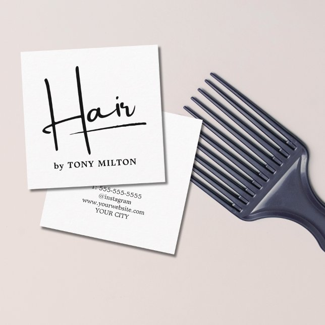 Modern Simple Black White Bold Hairstylist Square Business Card (Creator Uploaded)