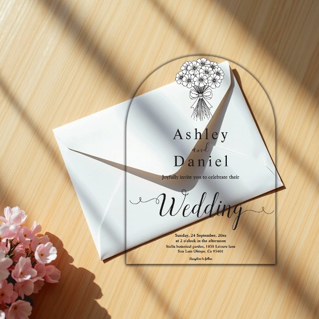 Modern Simple Black & White Bridal Bouquet Wedding Acrylic Invitations (Creator Uploaded)