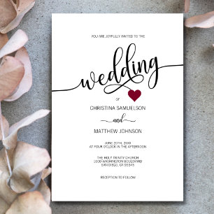 Modern Simple Black, White BURGUNDY Heart Wedding Invitation