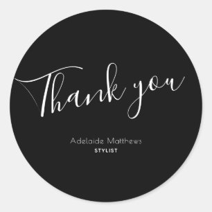 Modern Simple Black White Custom Name Thank you Classic Round Sticker