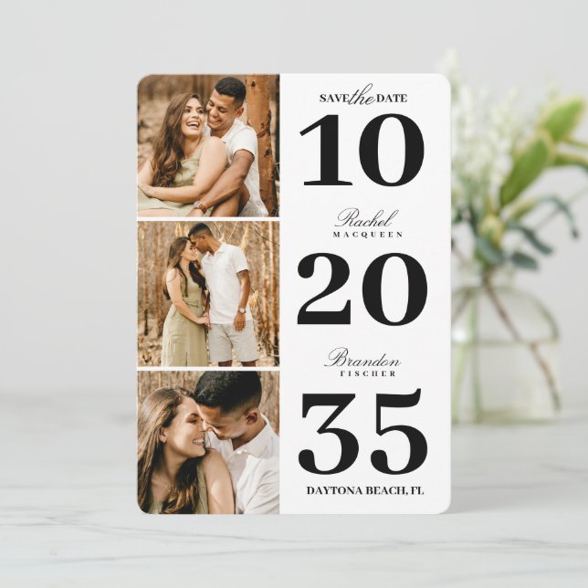 Modern Simple Black White Date Three Photo Wedding Save The Date (Standing Front)