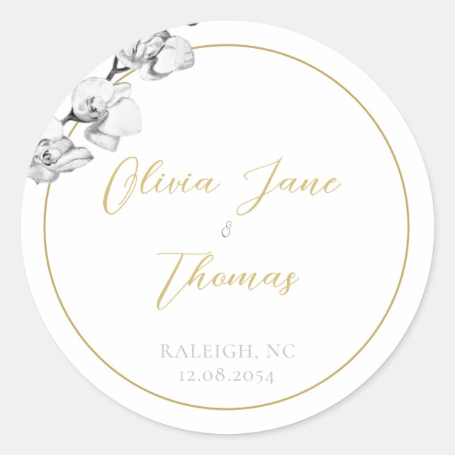 Modern Simple Black White Gold Orchids Wedding Classic Round Sticker (Front)