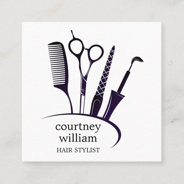 Modern Simple Black White Hair Stylist  Square Business Card (Front)
