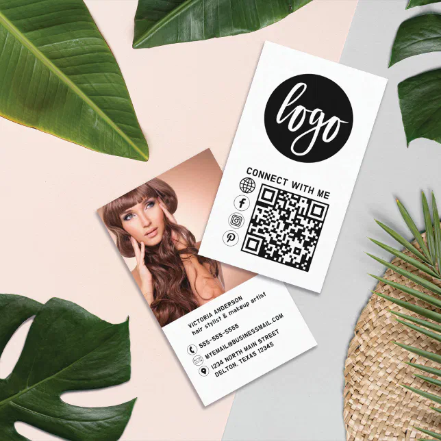 Modern Simple Black White Logo Photo QR Code Business Card | Zazzle