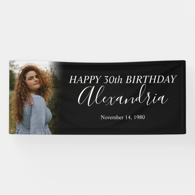 Modern Simple Black White Photo Birthday Party Banner (Horizontal)