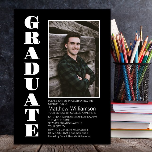 Modern Simple Black White Photo Graduation Party Invitation (Creator Uploaded)