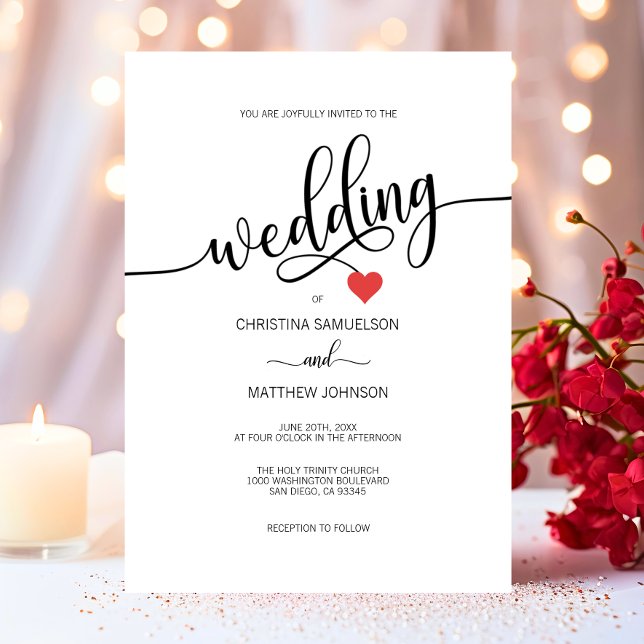 Modern Simple Black, White Red Heart Wedding Invitation (Modern Simple Black, White Red Heart Wedding Invitation)