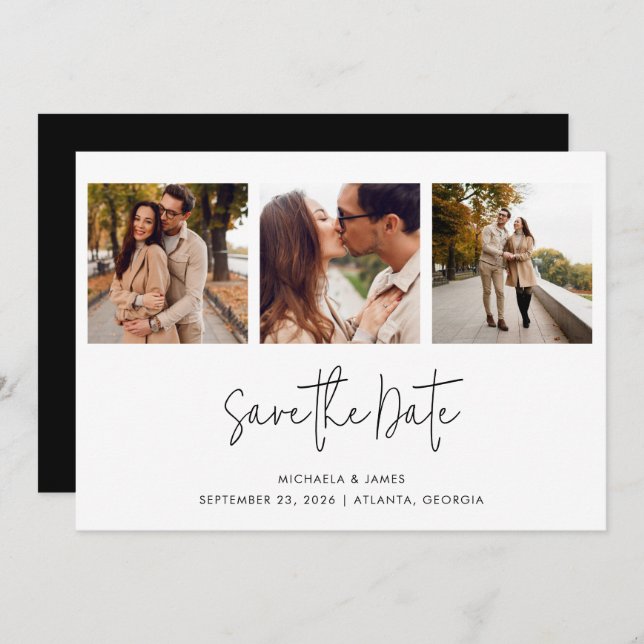 Modern Simple Black White Script 3 Photo Wedding Save The Date (Front/Back)