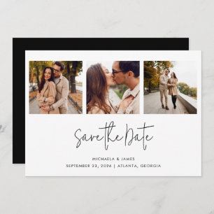 Modern Simple Black White Script 3 Photo Wedding Save The Date