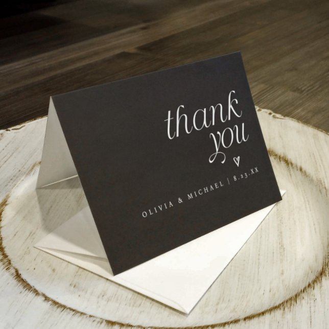 Modern Simple Black White Text Heart Wedding Thank You Card (wedding thank you card - black and white simple modern folding wedding thank you)