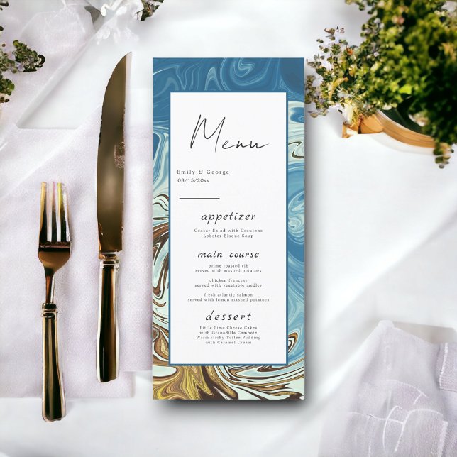 Modern Simple Blue Abstract Art Artistic Wedding Menu (Creator Uploaded)