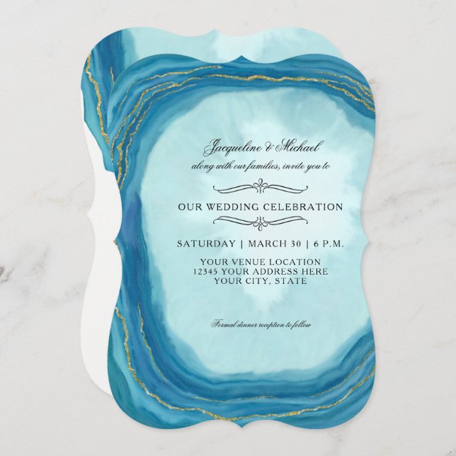 Modern Simple Blue Agate Geode Typography Gem Rock Invitation (Front/Back)