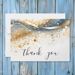 Modern Simple Blue and Gold Sequin Script Thank You Card