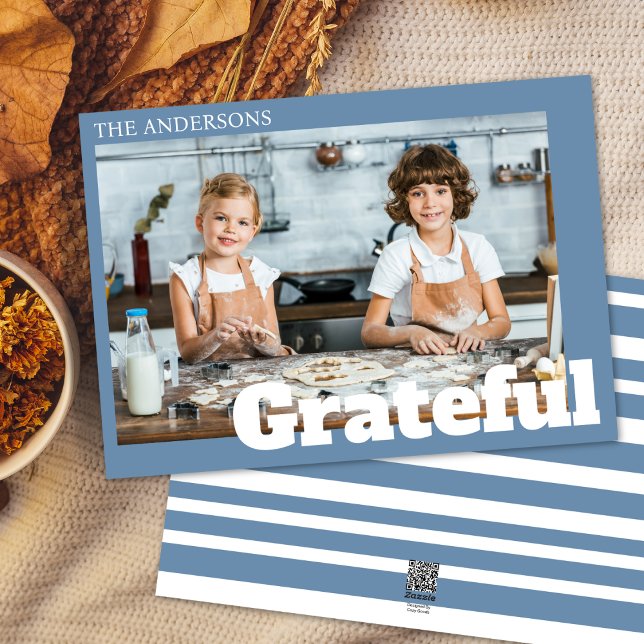 Modern Simple Blue Grateful Photo Thanksgiving  Holiday Card (Creator Uploaded)