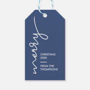 Modern Simple Blue Merry Christmas Script Gift Tags