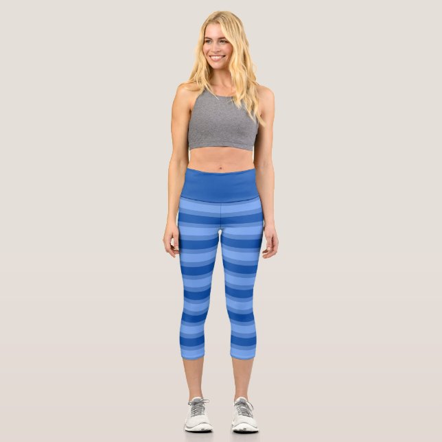 Modern Simple blue Navy Two Tone Stripe name Capri Leggings (Front)