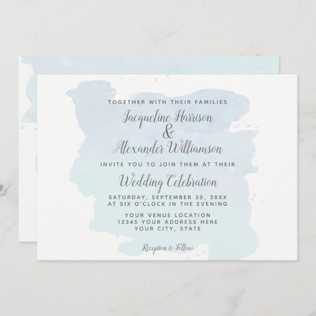 Modern Simple Blue Watercolor Wash Brush Strokes Invitation (Front/Back)
