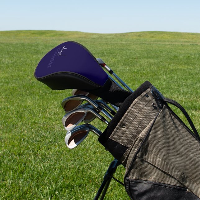 Modern Simple Blue & White Minimal Script Golf Head Cover (In Situ)