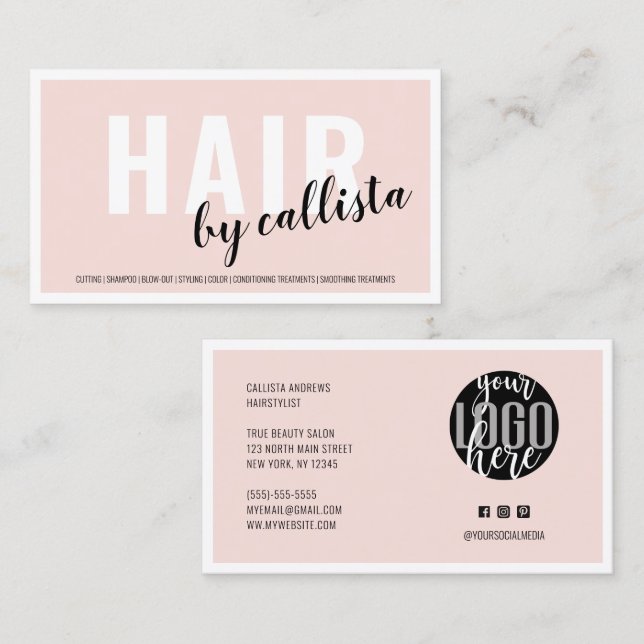 Modern Simple Blush Pink Border Logo Hairstylist Business Card (Front/Back)