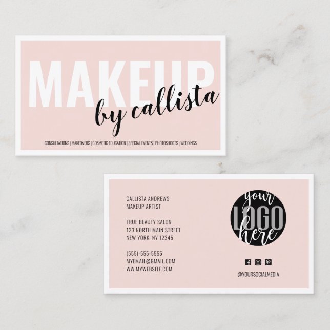 Modern Simple Blush Pink Border Logo Makeup Artist Business Card (Front/Back)