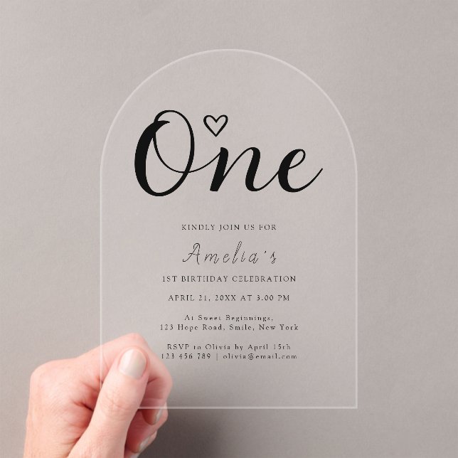 Modern Simple Boho Heart First Birthday Acrylic Invitations (Insitu (Handheld))