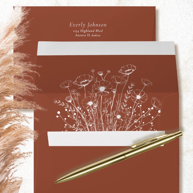 Modern Simple Boho Terracotta Wildflower Wedding Envelope (Creator Uploaded)