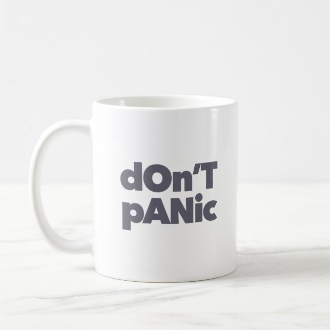 Modern, simple, bold cool graphic of Don't Panic Coffee Mug (Left)