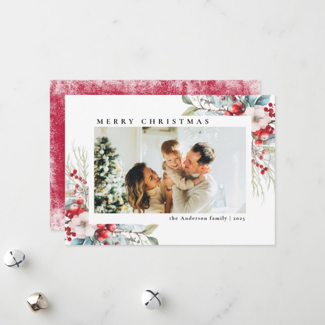 Modern Simple Botanical Berries | Photo Christmas Holiday Card (Front/Back In Situ)