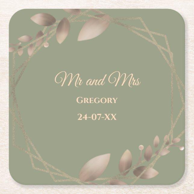 Modern Simple botanical elegant sage green gold  Square Paper Coaster (Front)