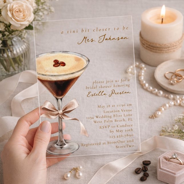 Modern Simple Bow Espresso Martini Bridal Shower Acrylic Invitations (Creator Uploaded)