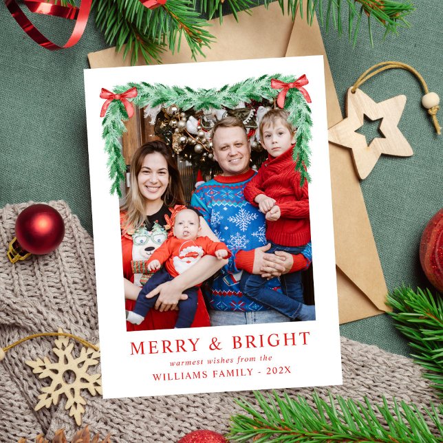 Modern Simple Bow Merry & Bright Christmas Photo Holiday Card (Creator Uploaded)