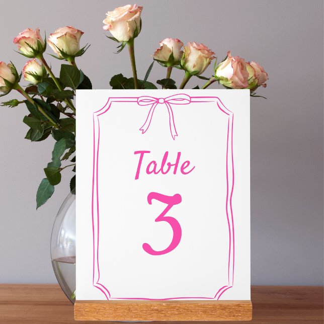 Modern Simple Bow Wedding Hot Pink Table Number Acrylic Sign (Creator Uploaded)