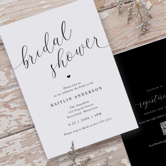 Modern Simple Bridal Shower Invitation (Modern Bridal Shower Invitations - Black and White Calligraphy - Registry on Back)