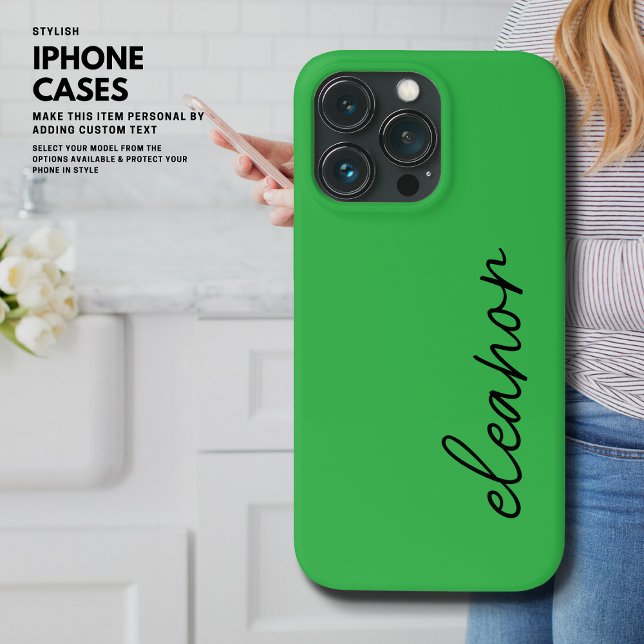 Modern Simple Bright Green Script Name Monogram iPhone Case (Creator Uploaded)