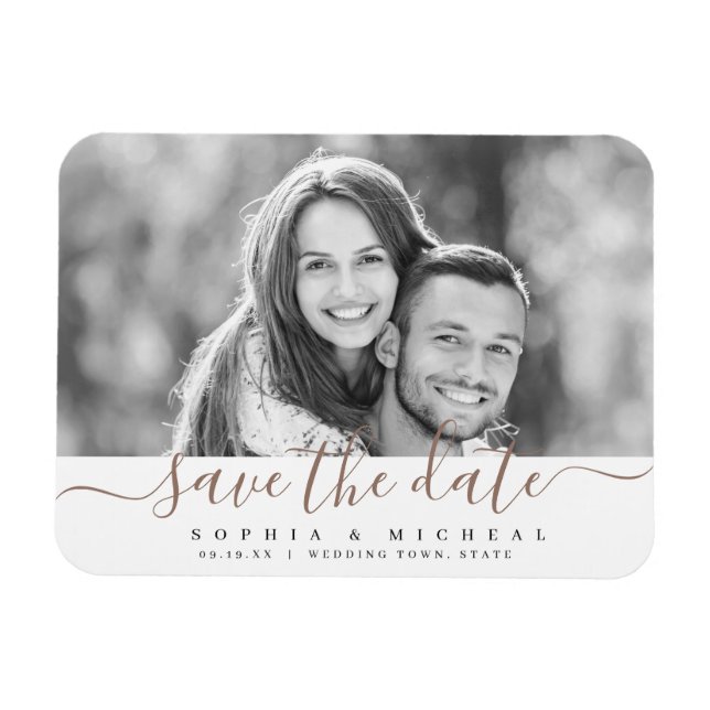 Modern simple brown script photo save the date magnet (Horizontal)