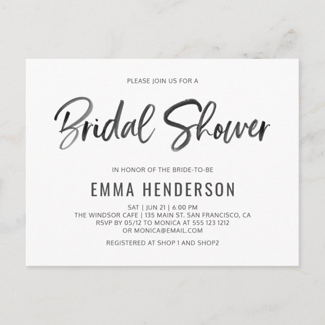 Modern Simple Brush Bridal Shower Invitation Postcard (Front)
