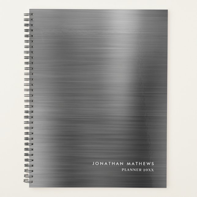 Modern Simple Brushed Metal Silver Grey Planner (Front)