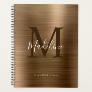 Modern Simple Brushed Metallic Gold Monogram Planner