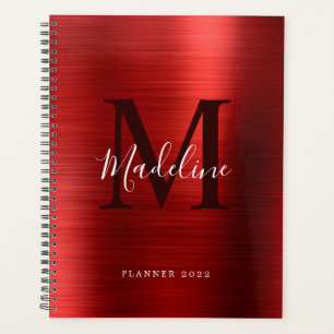 Modern Simple Brushed Metallic Red Monogram Planner
