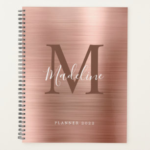 Modern Simple Brushed Metallic Rose Gold Monogram Planner