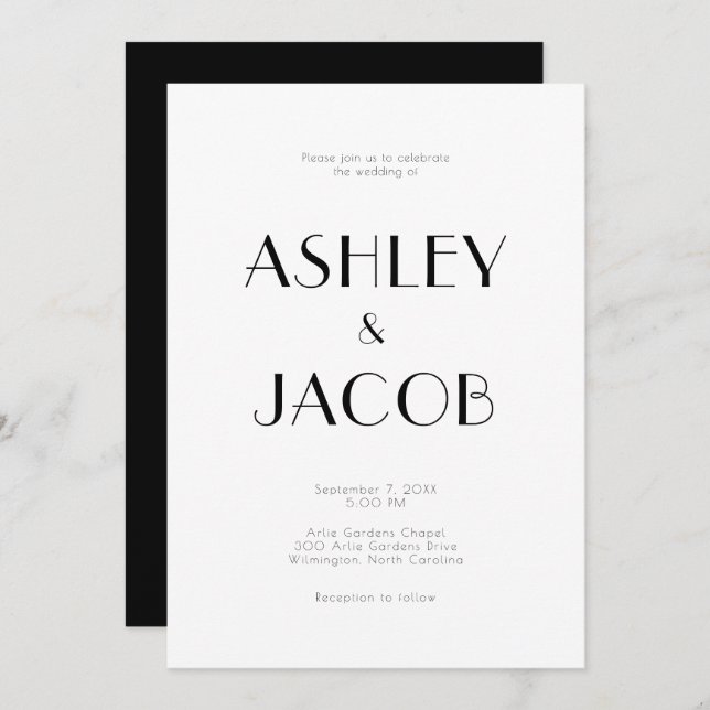 Modern Simple Budget Black & White Wedding RSVP & Invitation (Front/Back)