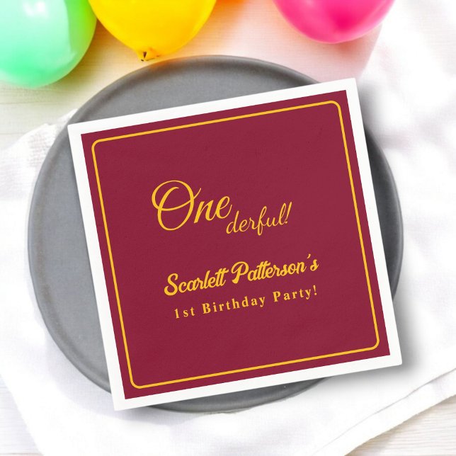 Modern Simple Burgundy And Gold Chic 1st Birthday Napkin (Creator Uploaded)