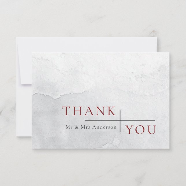 Modern Simple Burgundy Grey Watercolor Wedding Thank You Card (Front)