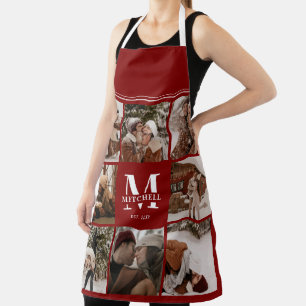 Modern Simple Burgundy Photo Collage Monogram Gift Apron