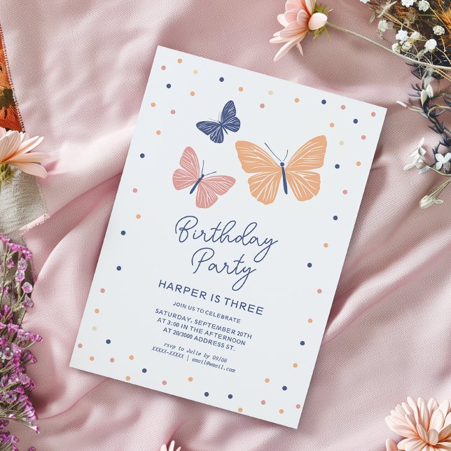 Modern Simple Butterfly Birthday Invitation  (Simple and modern birthday invitation featuring butterflies and elegant typography.)