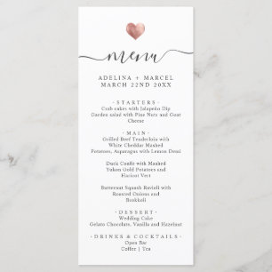 Modern Simple Calligraphy Rose Gold Heart Wedding Menu