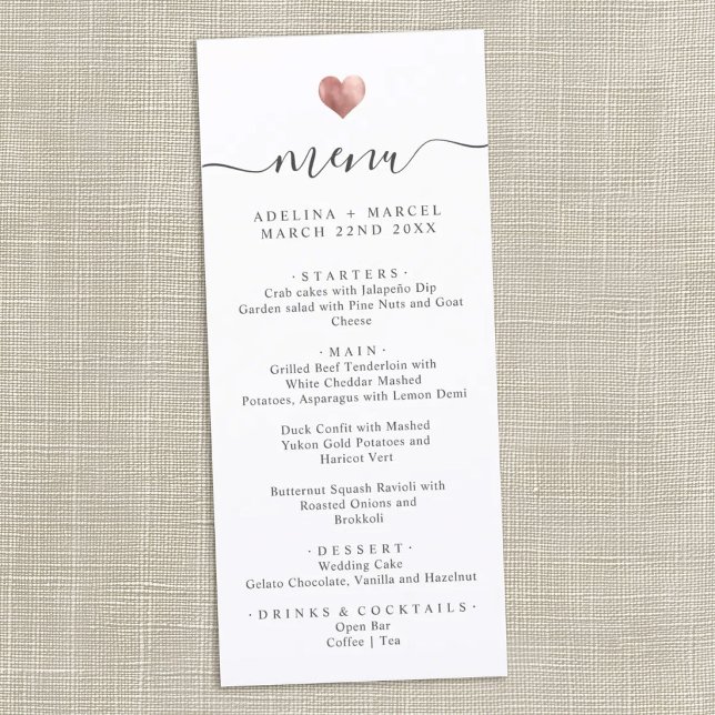 Modern Simple Calligraphy Rose Gold Heart Wedding Menu (Creator Uploaded)