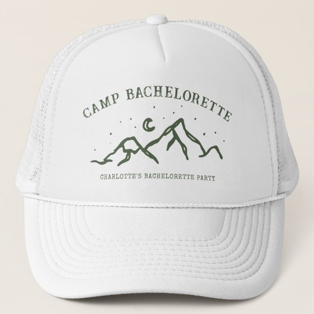 Modern Simple Camping Weekend Bachelorette Party Trucker Hat (Front)