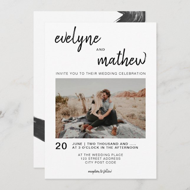 Modern simple casual black white photo wedding invitation (Front/Back)