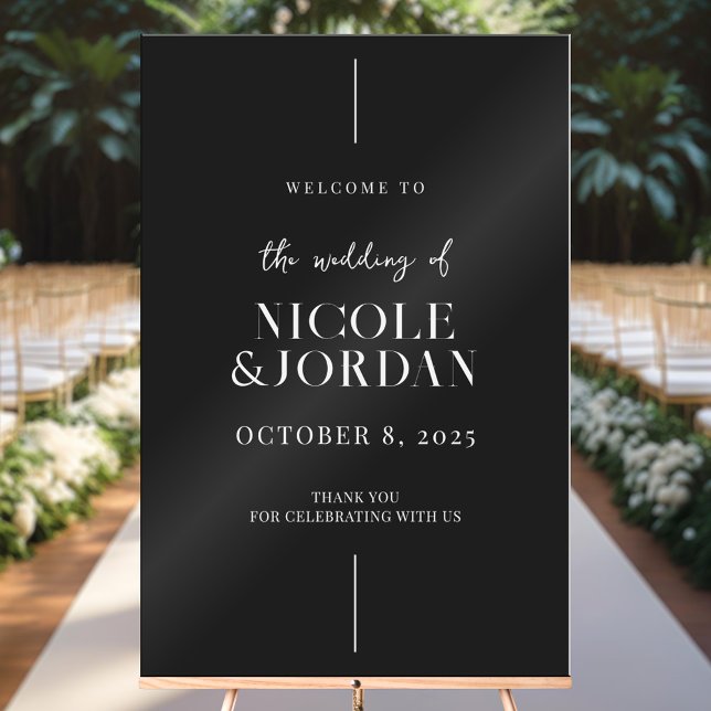 Modern Simple Chic Black and White Wedding Welcome Acrylic Sign (Creator Uploaded)